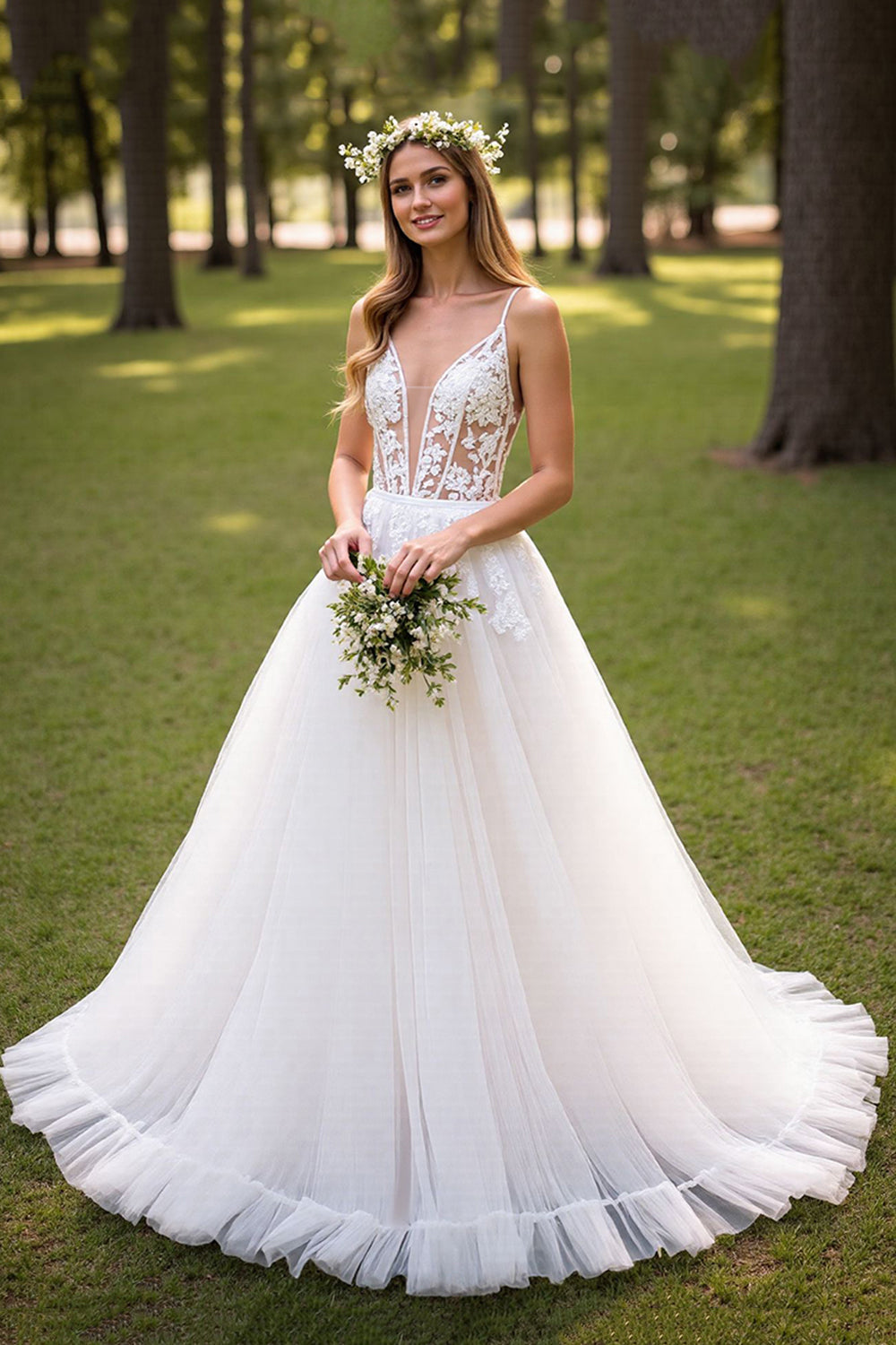 V-Neck Sleeveless Tulle Wedding Gowns Spaghetti-Straps With Appliques Backless
