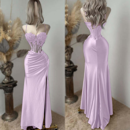 Sweetheart Spaghetti Straps Sleeveless Long Pleated Mermaid Prom Dress With Split And Rhinstone