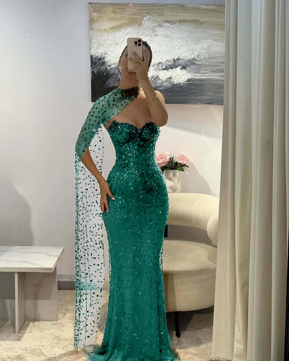 Tulle V-Neck Strapless Sleeveless Long Mermaid Prom Dress With Sequins And Ruffles