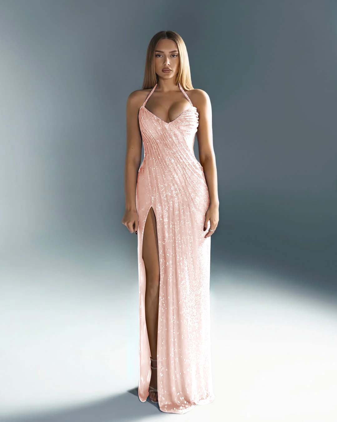 Halter V-Neck Strapless Sleeveless Long Mermaid Prom Dress With Split And Pleated