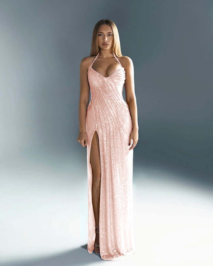 Halter V-Neck Strapless Sleeveless Long Mermaid Prom Dress With Split And Pleated