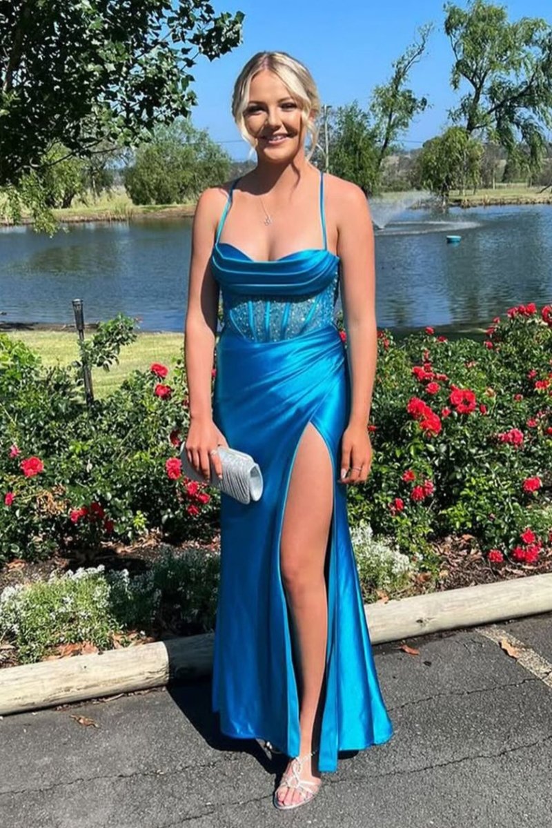 Sage Scoop Neck Satin Mermaid Long Prom Dress with Slit