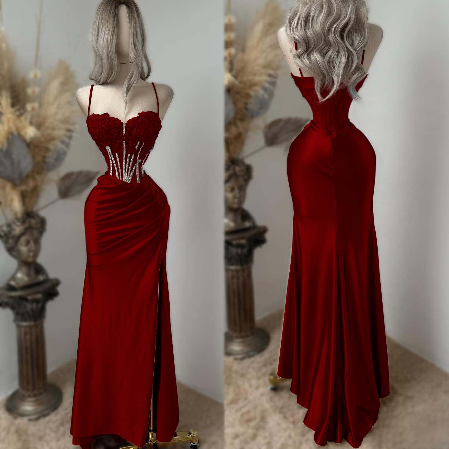 Sweetheart Spaghetti Straps Sleeveless Long Pleated Mermaid Prom Dress With Split And Rhinstone