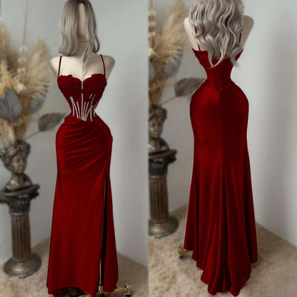 Sweetheart Spaghetti Straps Sleeveless Long Pleated Mermaid Prom Dress With Split And Rhinstone