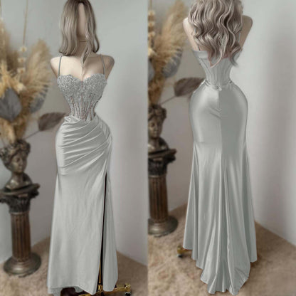 Sweetheart Spaghetti Straps Sleeveless Long Pleated Mermaid Prom Dress With Split And Rhinstone