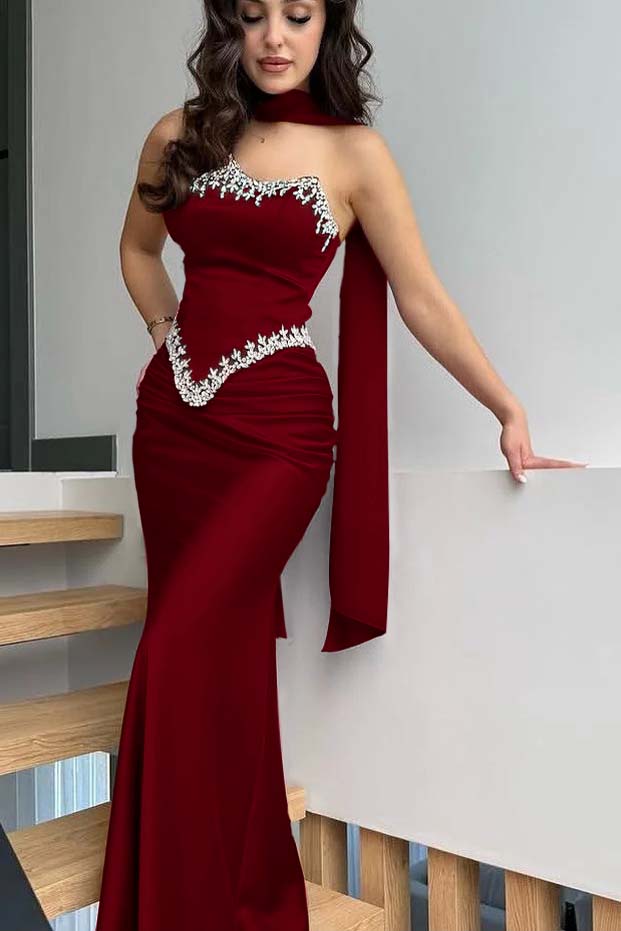 Satin Strapless Sleeveless Long Mermaid Pleated Prom Dress With Ruffles And Appliques