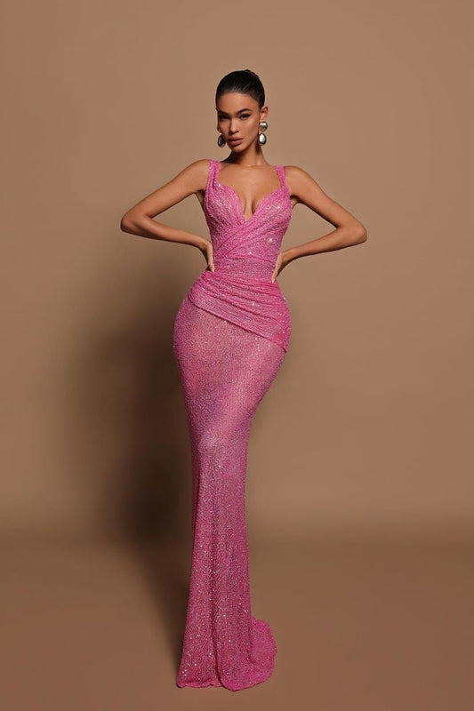 Sexy Pink Long Sequins Prom Dress V Neck Mermaid Sleeveless