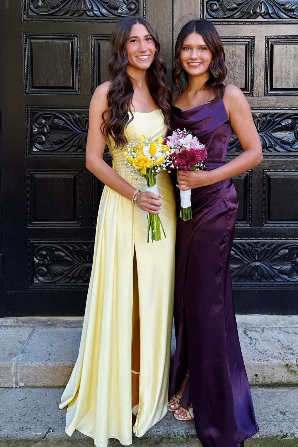Yellow Ruched Satin Long Dress with Train