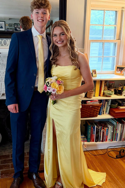 Yellow Ruched Satin Long Dress with Train