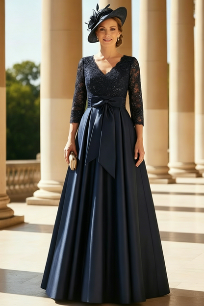 A-Line V-Neck 3/4 Sleeves Satin Mother Of The Bride Dresses With Bow
