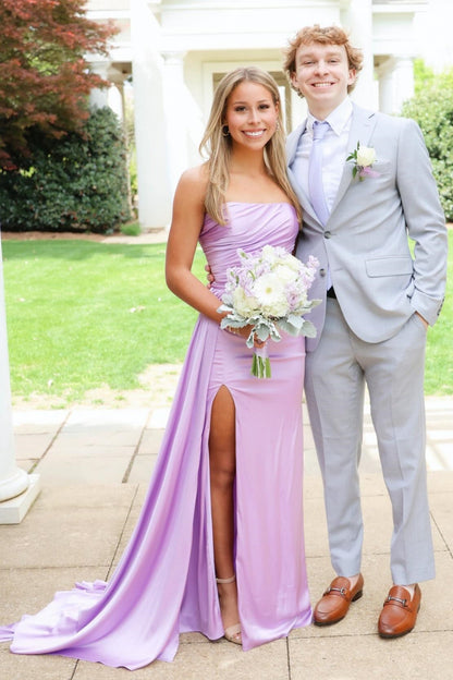 Yellow Ruched Satin Long Dress with Train
