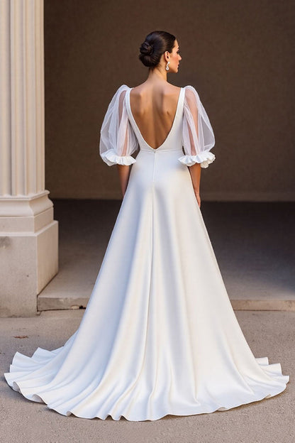 Bubble Sleeves V-Neck Satin Wedding Dress Open Back Long On Sale