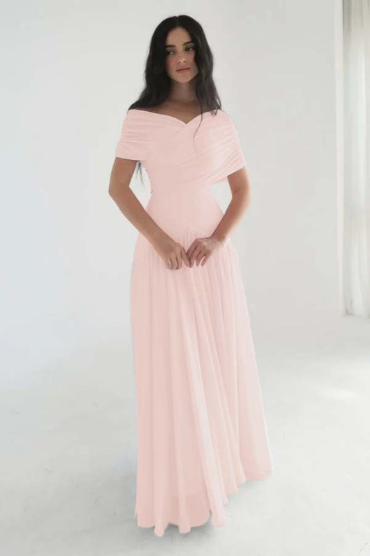Chiffon V-Neck Off-The-Shoulder Short Sleeves Long A-Line Prom Dress With Pleated