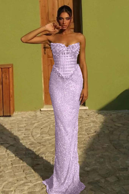 Sleeveless Strapless Long Mermaid Prom Dress With Sequin Pleated