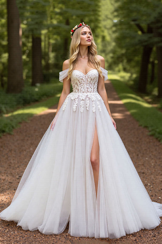 Sweetheart Off-the-Shoulder Tulle Wedding Dress A-Line Slit With Lace Appliques