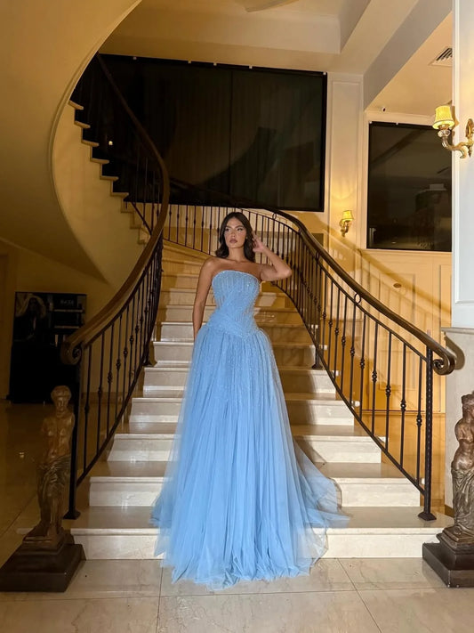 Luxurious Blue Straight Across Beaded Sleeveless Pleated Prom Dress YK0762