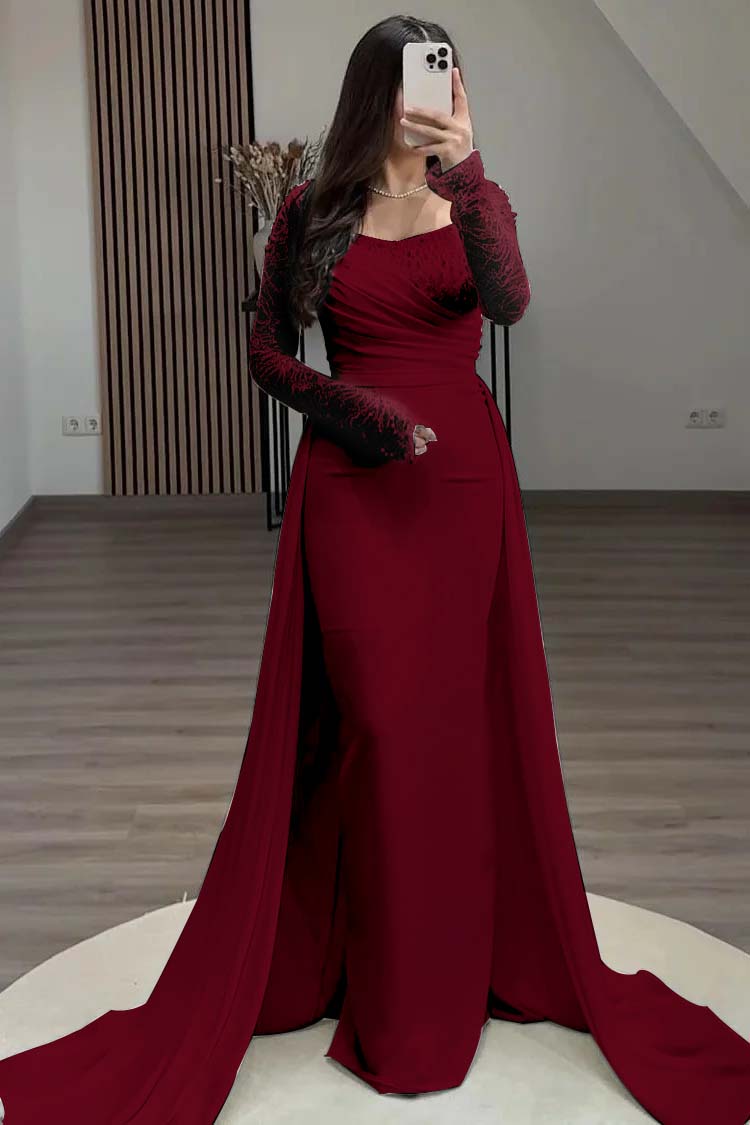 Square Neck Long Sleeves High Waist Long Pleated Mermaid Prom Dress With Beadings And Ruffles