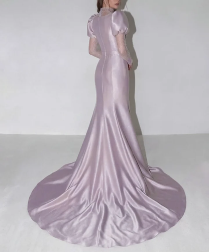 Lilac High Neck Mermaid Prom Dress Long Sleeves in Satin with Lace