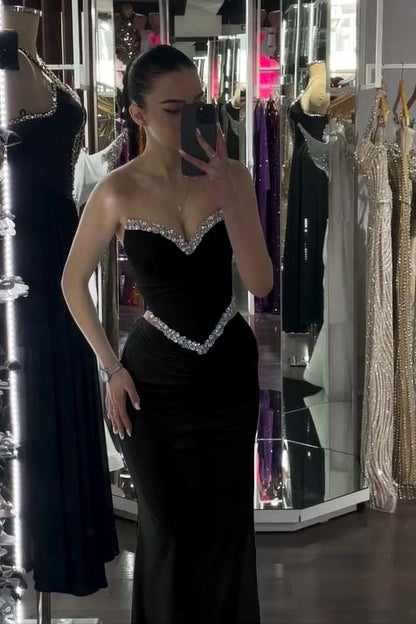 Spandex V-Neck Strapless Sleeveless Long Mermaid Prom Dress With Pleated And Rhinstone