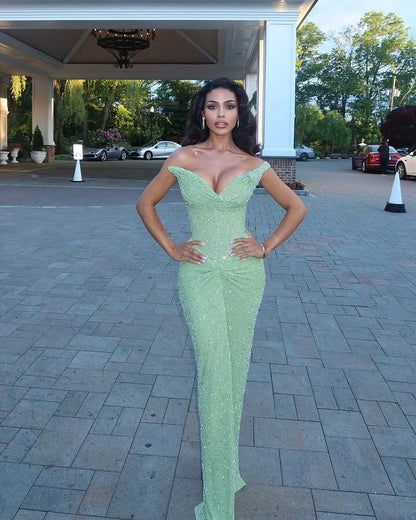 Sparkling Sage One Shoulder Beaded Sleeveless Pleated Prom Dress YK0690