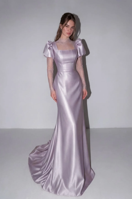 Lilac High Neck Mermaid Prom Dress Long Sleeves in Satin with Lace