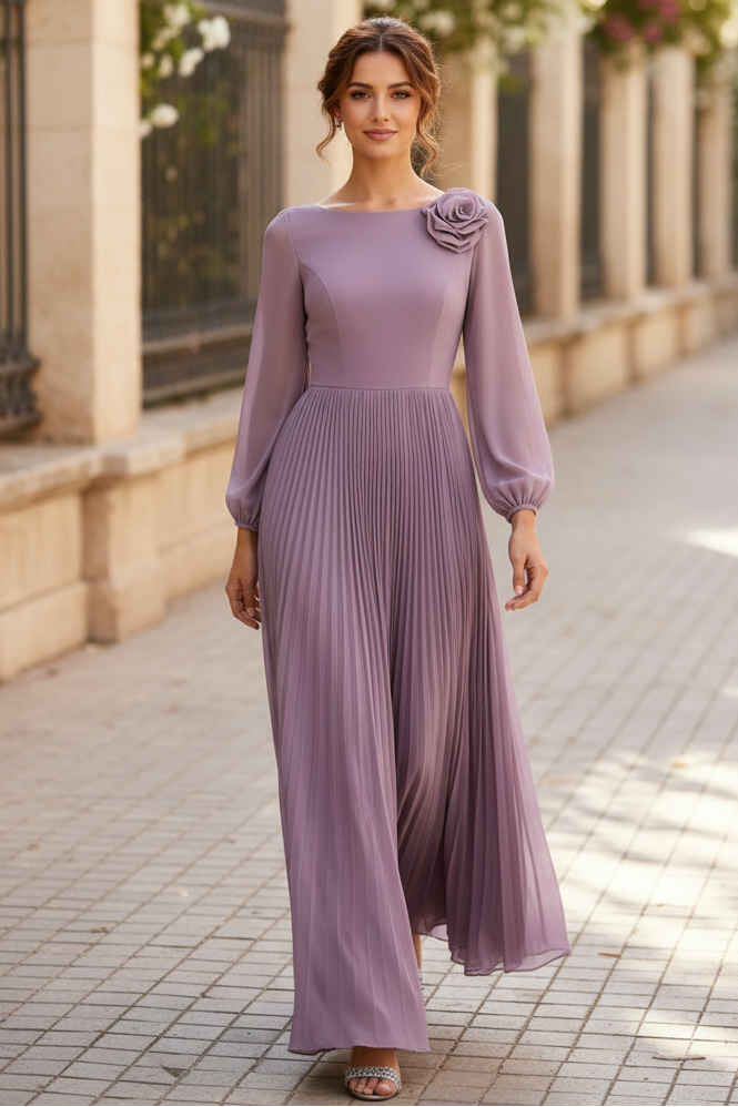 A-Line Scoop Neck Long Sleeves Ankle-Length Chiffon Mother Of The Bride Dresses With Pleated Flower