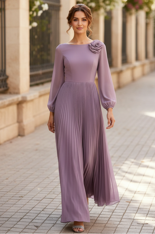A-Line Scoop Neck Long Sleeves Ankle-Length Chiffon Mother Of The Bride Dresses With Pleated Flower