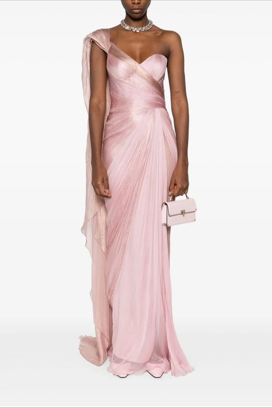 Stunning One Shoulder Pink Sequins Sleeveless Slim Prom Dress with Pleated