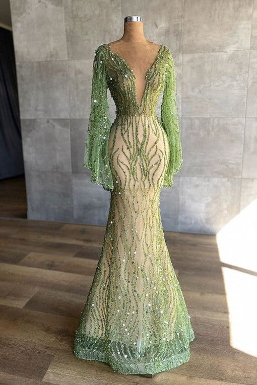 Charming Green Mermaid Beaded Prom Dress Long Sleeves With Sequins