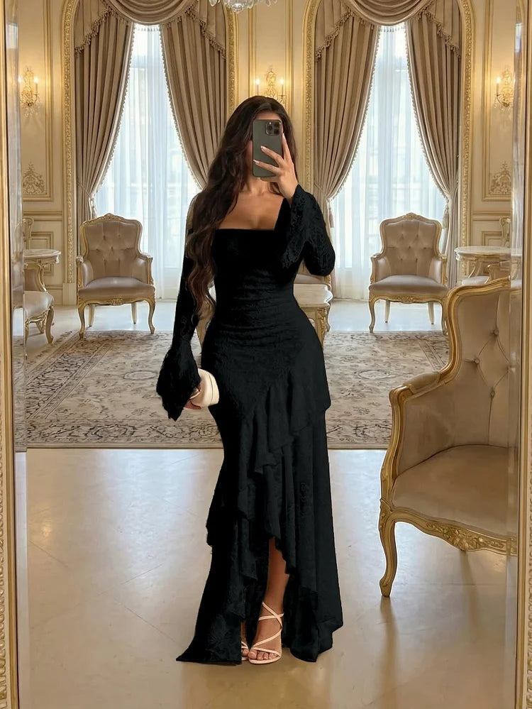 Lace Square Neck Long Sleeves Long Mermaid Prom Dress With Pleated And Ruffles YK0971