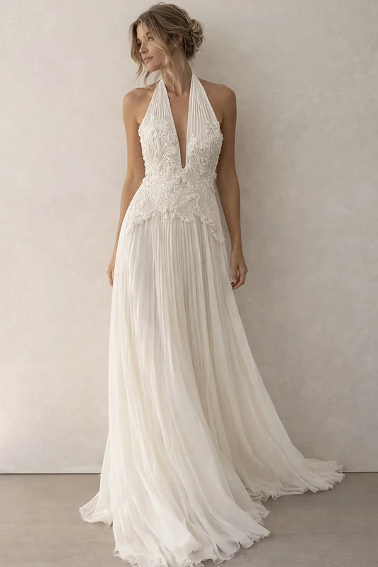 Chiffon Halter Deep V-Neck Strapless Sleeveless High-Waisted Long A-Line Prom Dress With Pleated