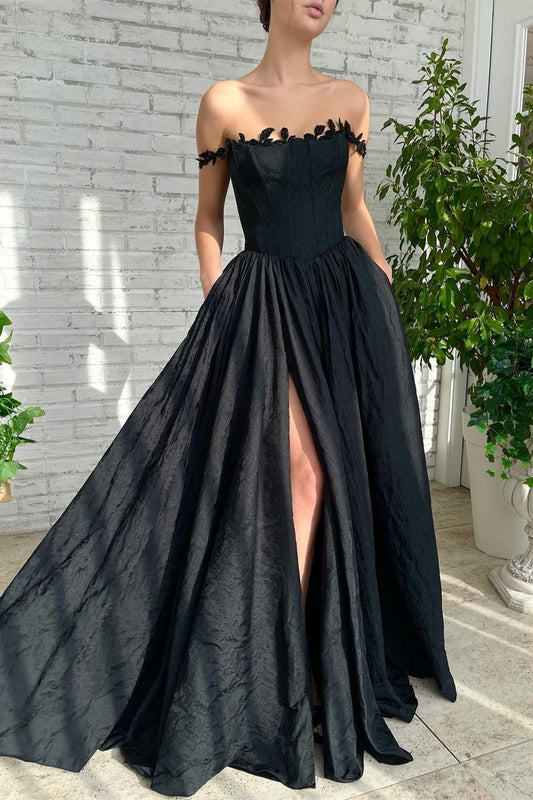 Broner Black Off the Shoulder Sleeveless A Line Evening Dress With Side Split