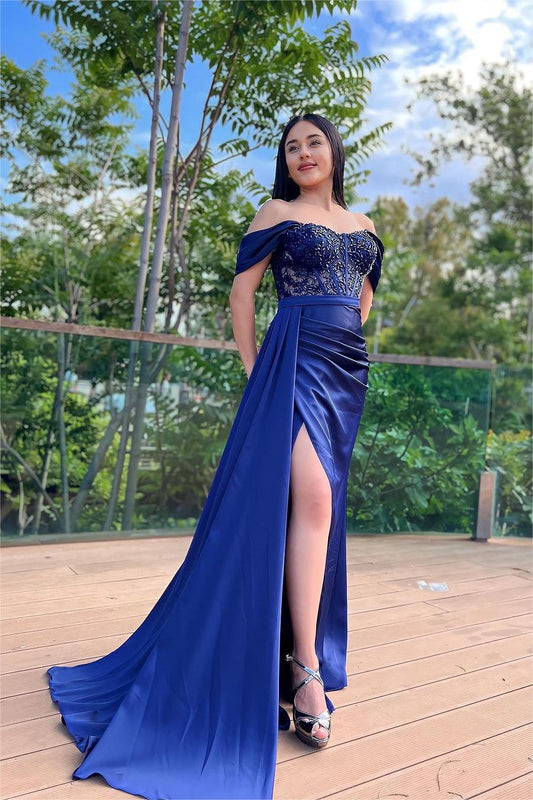 Royal Blue Off the Shoulder Sleeveless Long Split Evening Dress With Beading