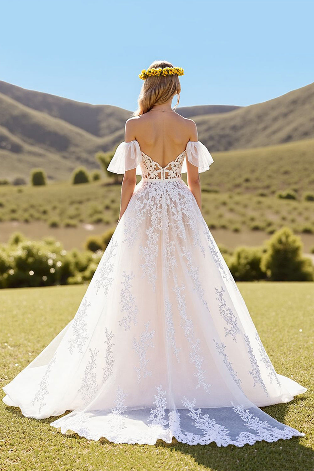 Sweetheart Off-the-Shoulder Tulle Bridal Dresses A-Line Long With Lace Appliques Open Back