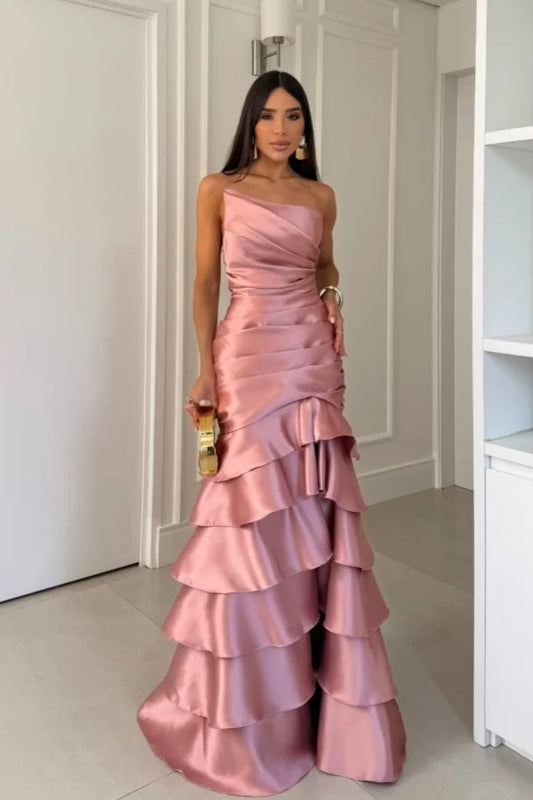 Strapless Sleeveless Mermaid Pleated Evening Dress With Ruffles