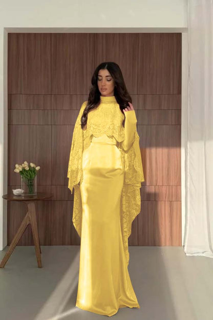Satin And Lace High Neck Long Sleeves High-Waisted Long Mermaid Prom Dress With Cape