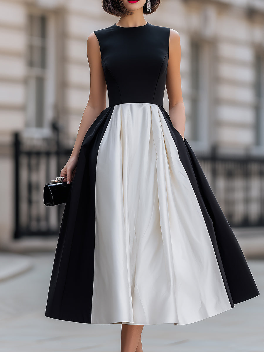 Black White Color Block Sleeveless Fit-and-Flare Midi Dress