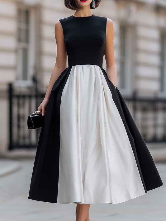Black White Color Block Sleeveless Fit-and-Flare Midi Dress