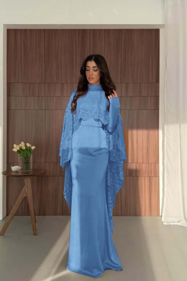 Satin And Lace High Neck Long Sleeves High-Waisted Long Mermaid Prom Dress With Cape