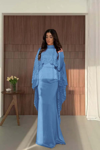 Satin And Lace High Neck Long Sleeves High-Waisted Long Mermaid Prom Dress With Cape