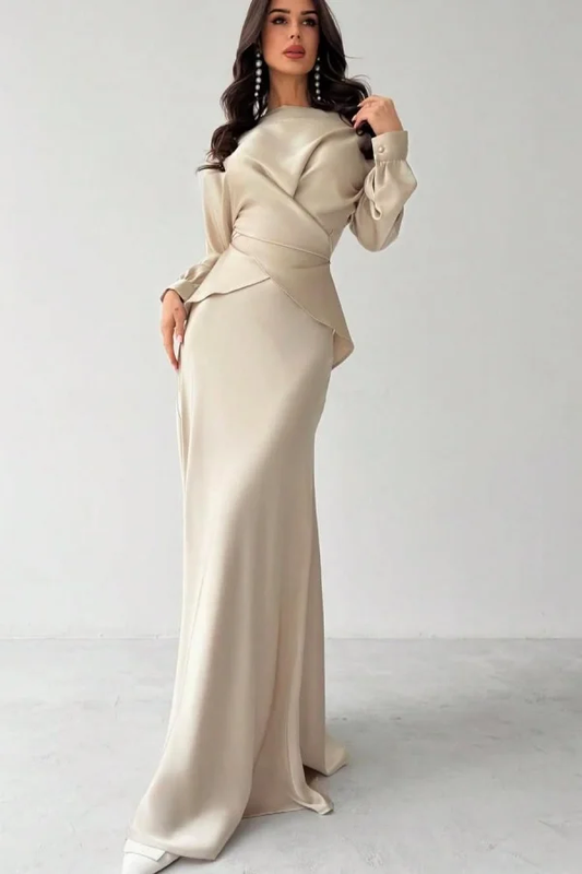 Elegant Satin Round Neck Long Sleeves Long Asymmetric Pleated Mermaid Prom Dress