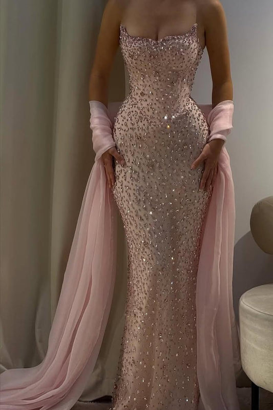 Charming Strapless Sleeveless Long Mermaid Prom Dress With Beading