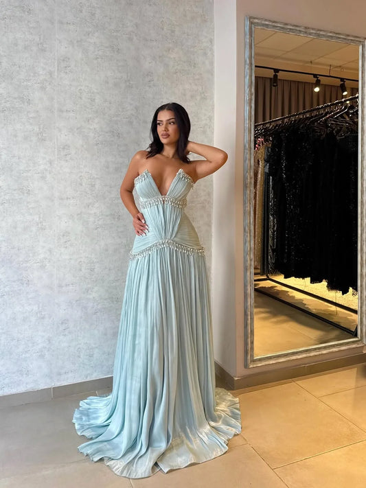 Dreamy Light Blue V-Neck Rhinestone Pleated Floor Length Prom Dress YK0686