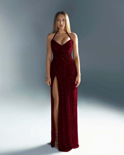 Halter V-Neck Strapless Sleeveless Long Mermaid Prom Dress With Split And Pleated