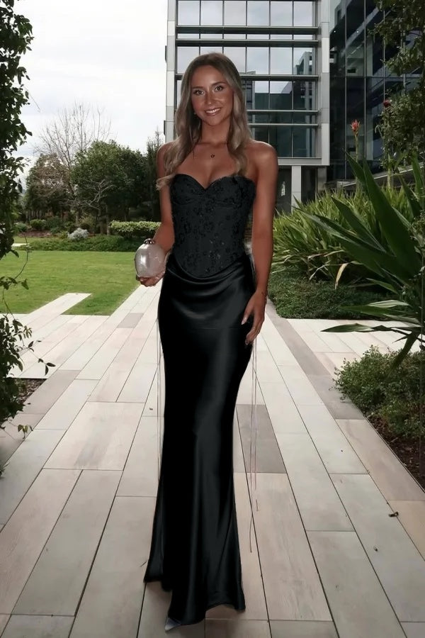 Satin V-Neck Strapless Sleeveless Long Mermaid Prom Dress With Ruffles And Sequins
