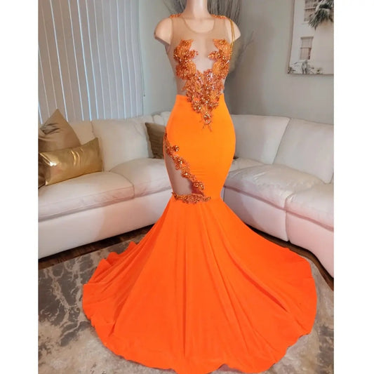 Charming Beading Embroidery Mermaid Orange Sleeveless Long Prom Dress