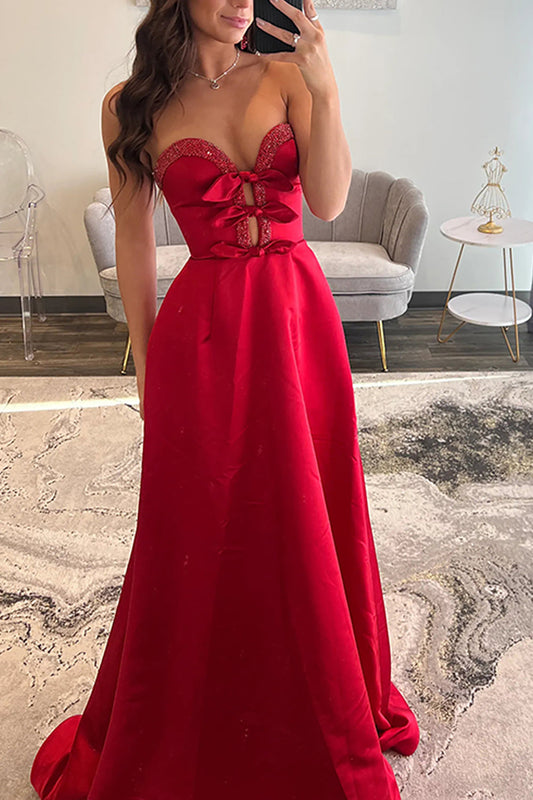 A-Line Sweetheart Keyholes Red Satin Long Prom Dresses with Pockets VK26010503