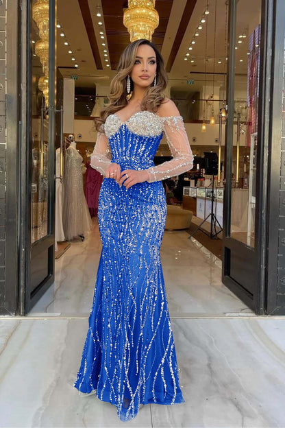 Heavy Prom Dress Sweetheart Long Sleeves Strapless Beading Long Tulle