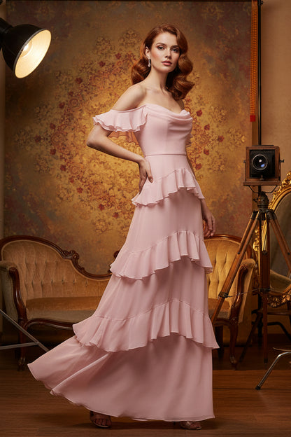 Pink Off the Shoulder Sleeveless Mermaid Tassel Ruffle Prom Dress