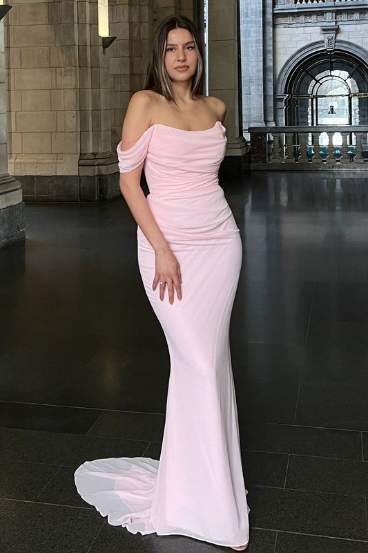 Simple Pink Off the Shoulder Sleeveless Mermaid Evening Dress
